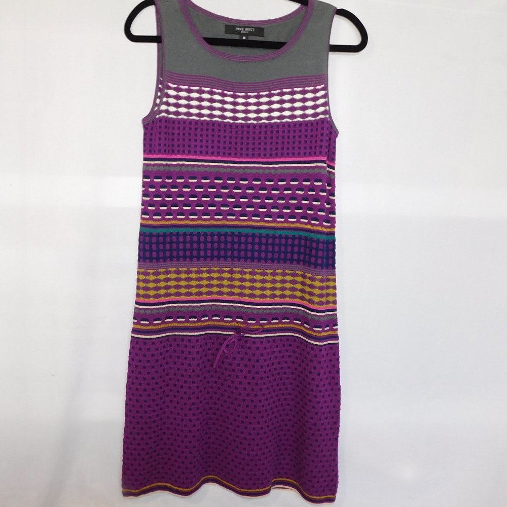 Nine West Womens M Purple Gray White Sleeveless Pattern Midi knit Dress